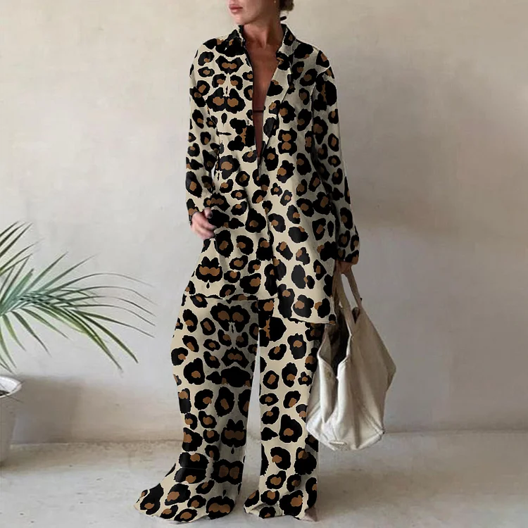 Loose Leopard Print Long Sleeve Two Piece Set