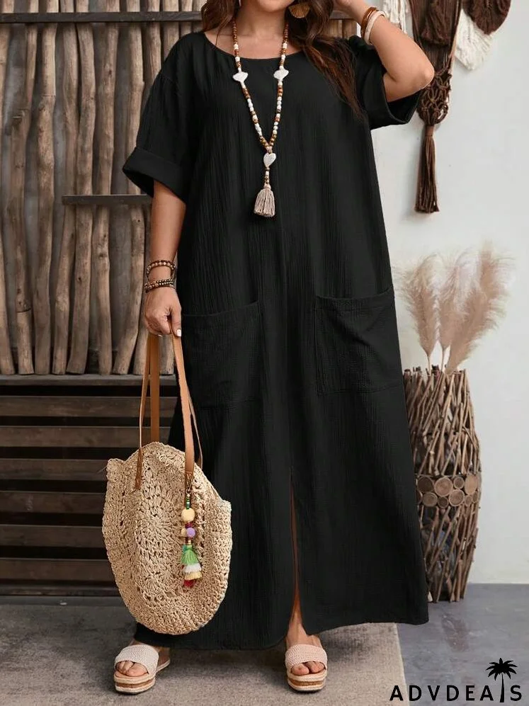 Plus Size Holiday Casual Solid Color Batwing Sleeve Long Dress With Double Pockets