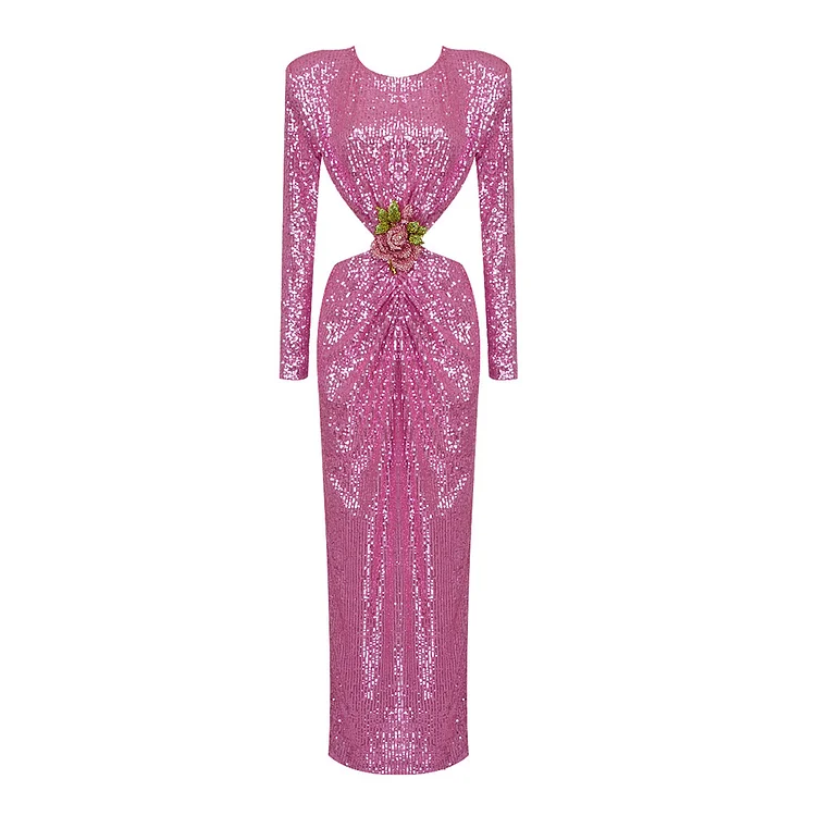 Long-sleeved Sequins Cutout Round Neck Flower Dress