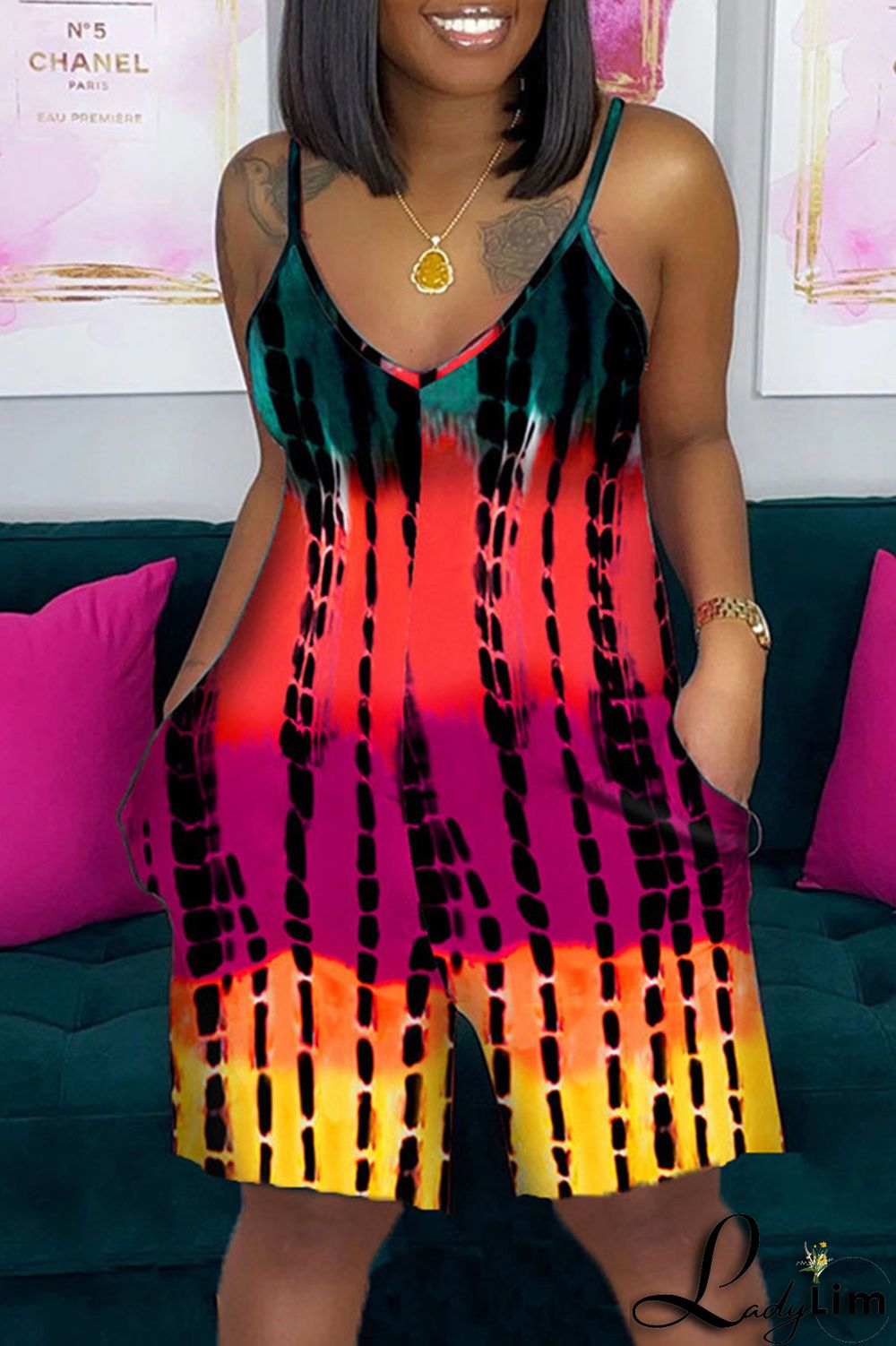 Dark Red Fashion Casual Print Basic V Neck Regular Jumpsuits