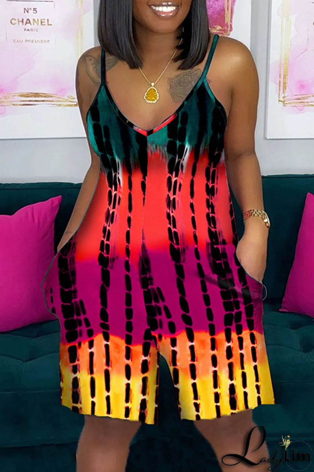 Dark Red Fashion Casual Print Basic V Neck Regular Jumpsuits