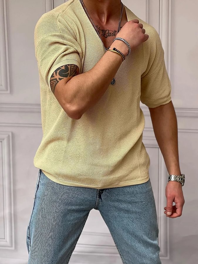 Men's Casual Yellow short Sleeve Sweater