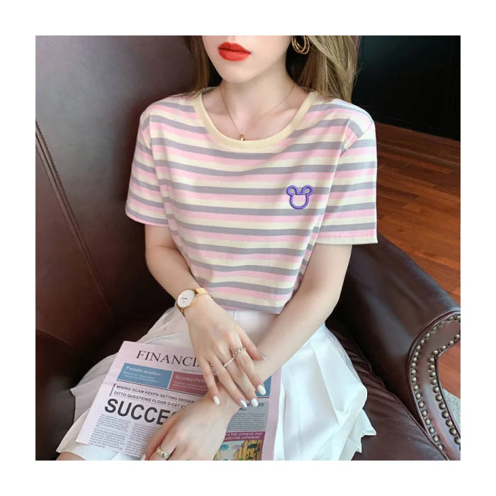Uveng Uveng Summer New Round Collar Short-Sleeved Women's T-Shirt Embroidery Fashion Korean Version Loose And Versatile Age Reduction Stripes On Clothes Ins