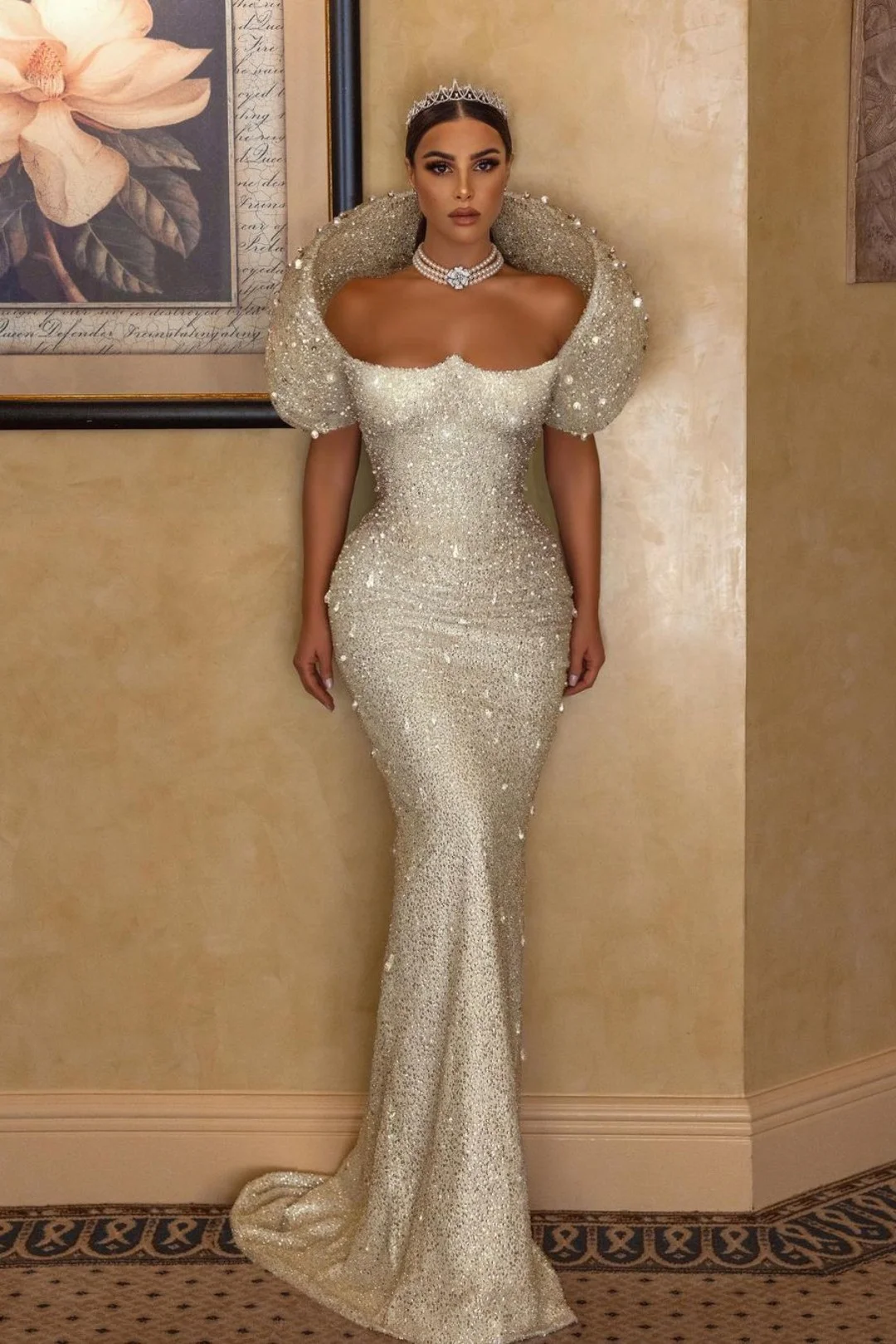 Lisliy Prom Dress White Long Mermaid With Sequins Gown Sleeveless Beadings 