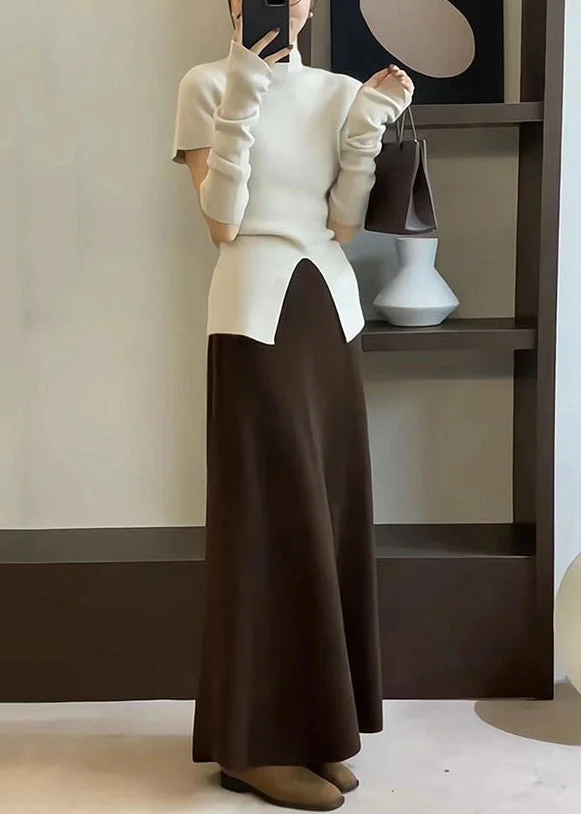 Simple Apricot Side Open Tops And Brown Skirts Knit Two Pieces Set Spring
