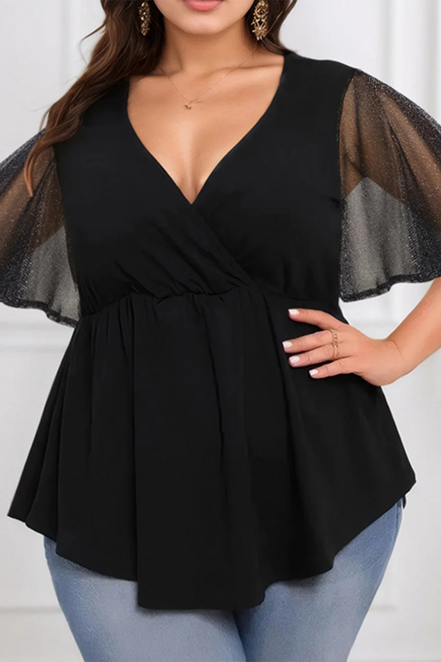 Plus Size Everyday Black Wrap Glitter Mesh Flutter Sleeve Asymmetrical Hem Blouse 2024 - Flycurvy 