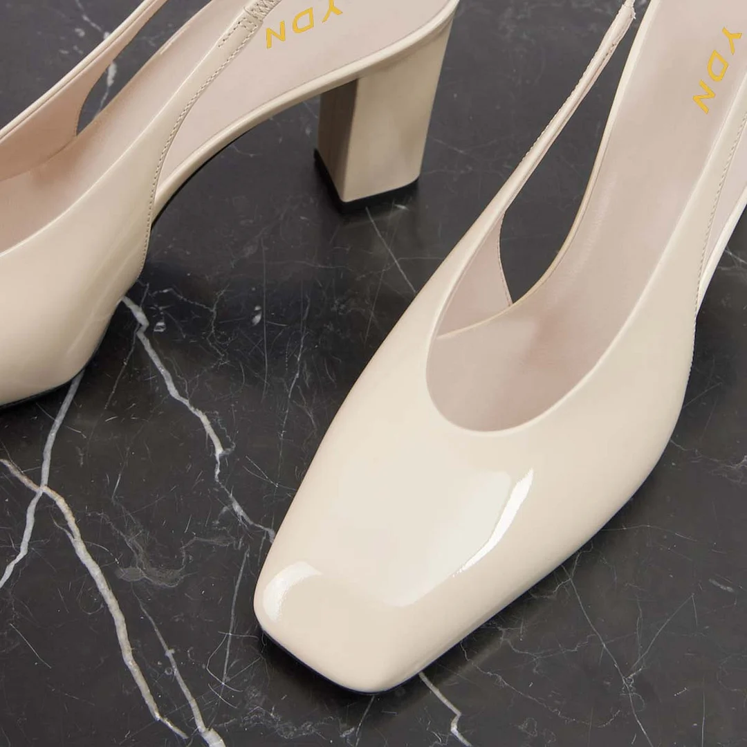 Elegant Patent Leather Square Toe  Slingback Heels in Beige