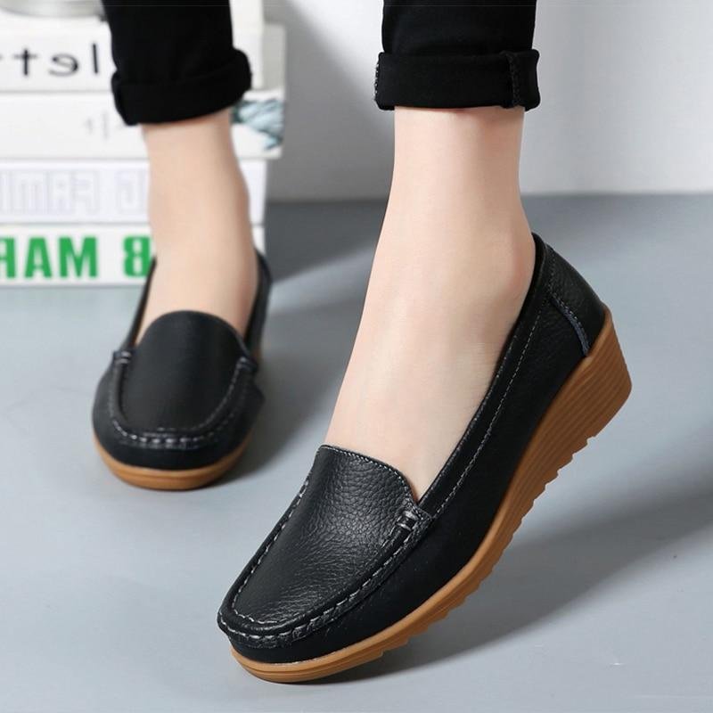 Women Flats 2019 Spring Summer Shoes Women Heels 4.3CM Genuine Leather Chaussures Femme Casual Women Loafers Ballet Flat Shoes 1021