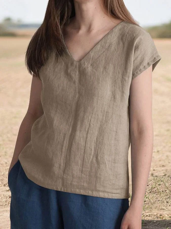 Solid Color V-Neck Casual Cotton Linen Shirt