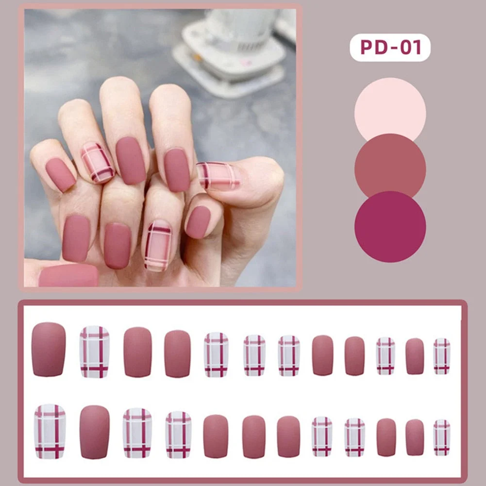 24pcs/set faux nails Accessories for women matte Pink False Nail with glue solid Color Short Square full cover press on nails-Nail Inspo