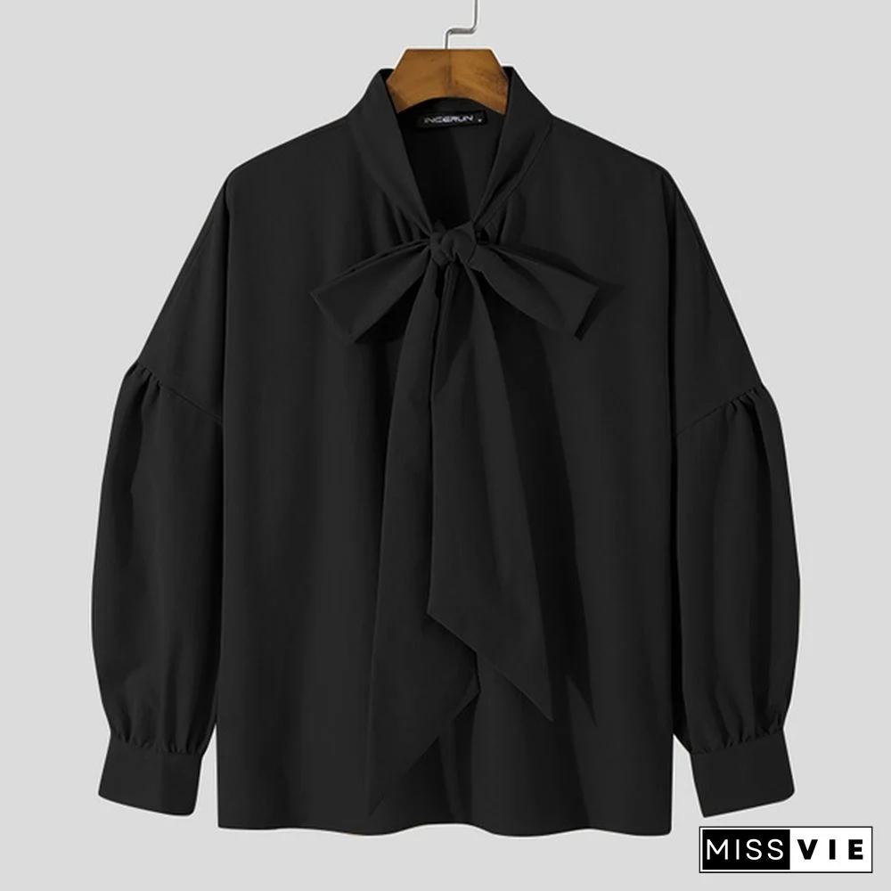 New Men Loose Long Sleeve Tie Blouse Dress Solid Color Clubwear Retro Shirts Tops