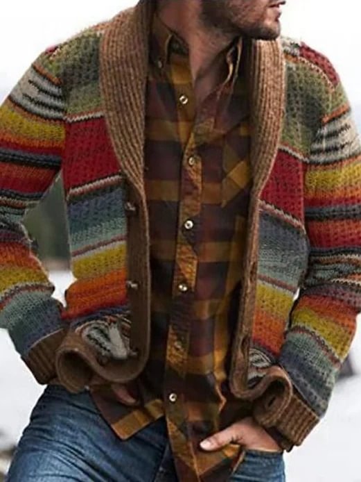 Men's Button Color Block Standard Single-Breasted Sweater