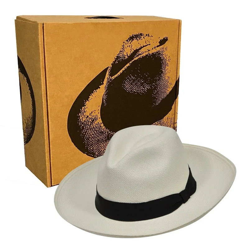 Genuine Panama Hat - Black Band - Wide Brim Classic Summer Fedora - White Toquilla Straw - Handwoven in Ecuador - GPH - HatBox Included-FREE SHIPPING
