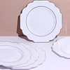10 Pack | 11" White Hard Plastic Dinner Plates, Disposable Tableware, Baroque Heavy Duty Plates with Gold Rim