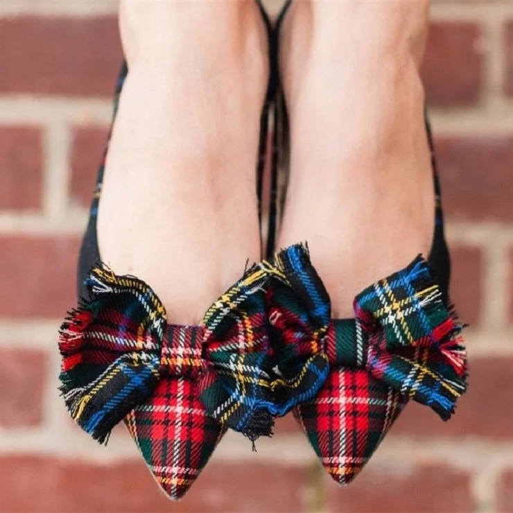 Red and Green Plaid Bow Pointy Toe Comfortable Flats |FSJ Shoes