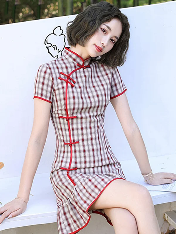 Vintage Summer Short Sleeves Plaid Short Cheongsams