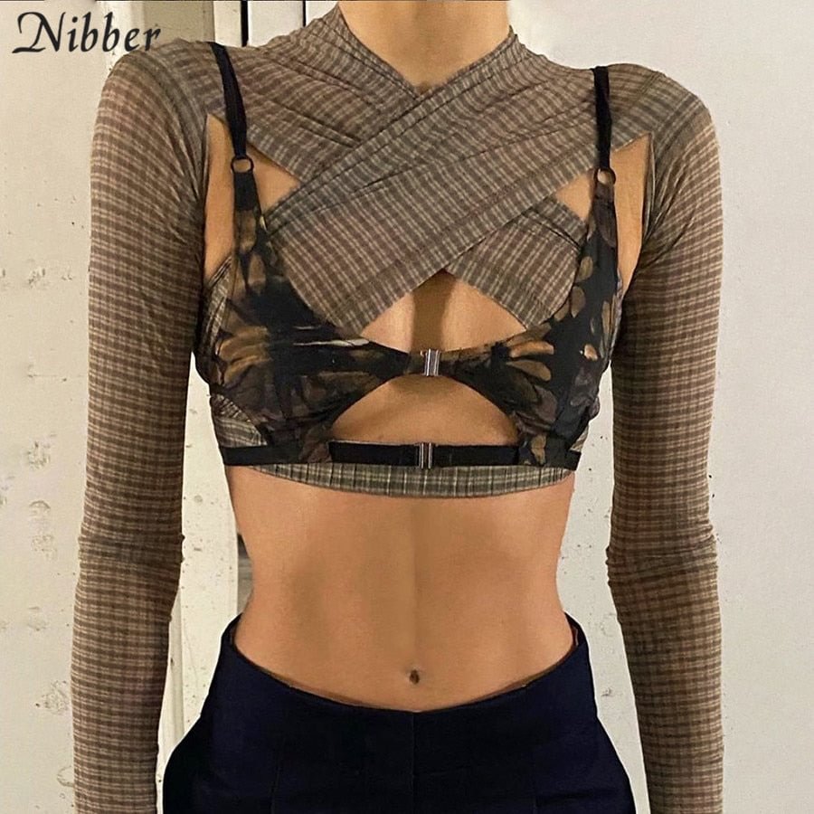 Nibber Sexy Party Night Club Hollow Out Tops Women  Patchwork Personality Crossover Long sleeve Tops Casual Skinny Streetwear