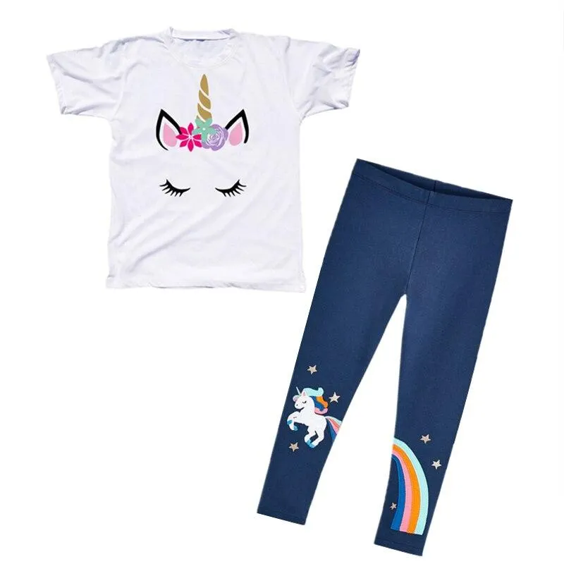 Girls Summer Clothes Set Unicorn Short Sleeve T-shirt+Pants 2PCS Outfits Kids Cartoon Print Cotton Leggings Children Clothing