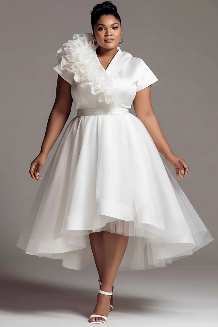 Xpluswear Design Plus Size Wedding Tulle White V Neck Short Sleeve Contrast Ruffle Satin Midi Dresses [Pre-Order] 2024 - Xpluswear