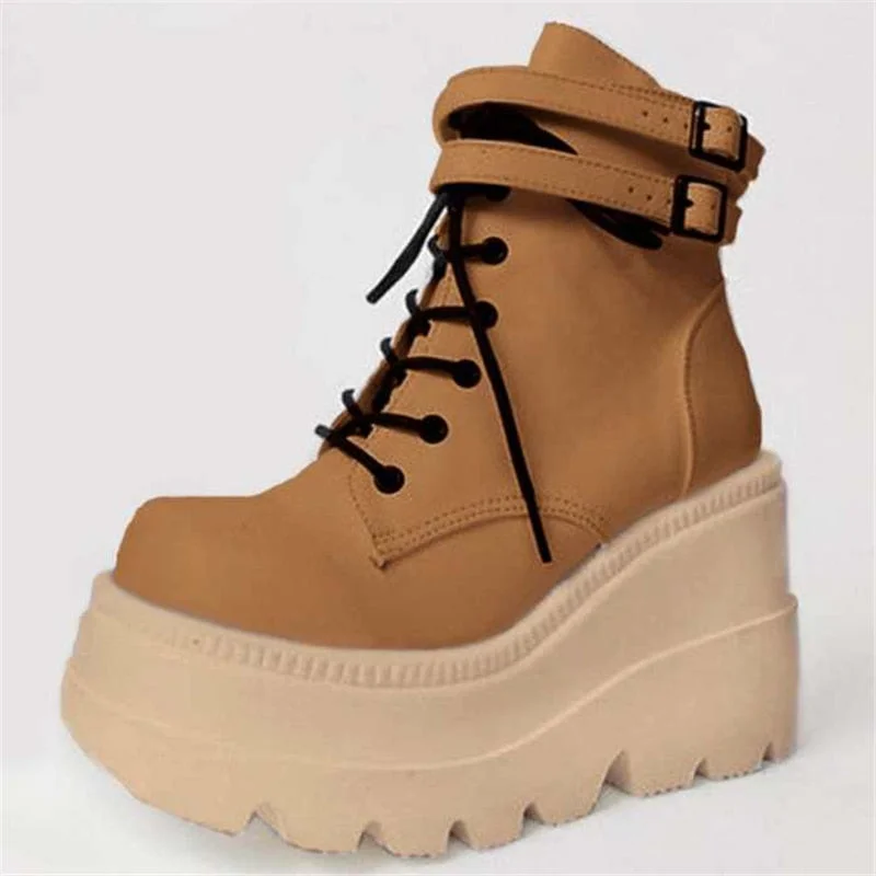 Fashion High Platform Women Boots Wedges Lace Up Ankle Boots Thick Bottom Mixed Color 2020 Autumn Female Shoes