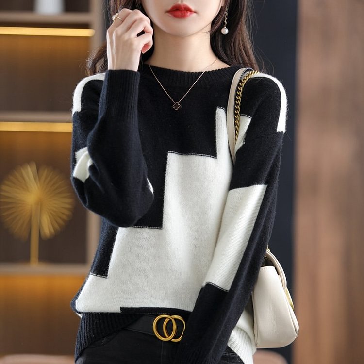 Geometric Long Sleeve Shift Cotton-Blend Sweater