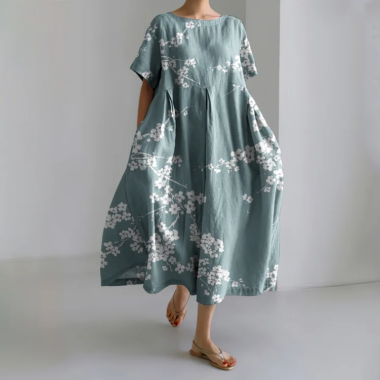 Comstylish Plum Blossom Japanese Art Linen Blend Maxi Dress