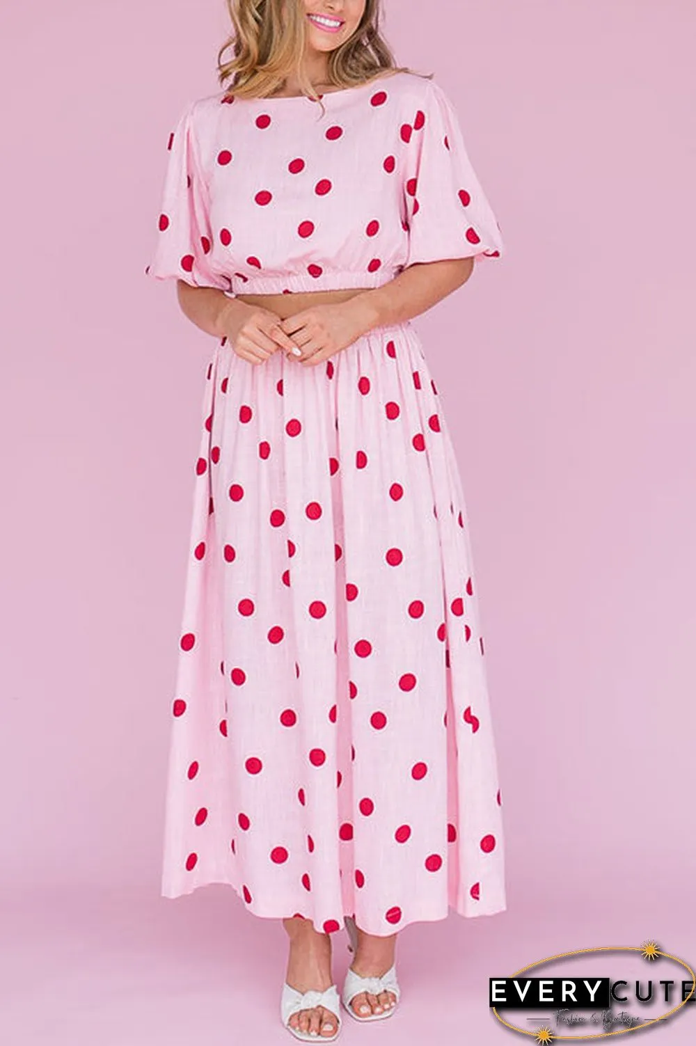 Polka Dot Puff Sleeve Maxi Skirts Set