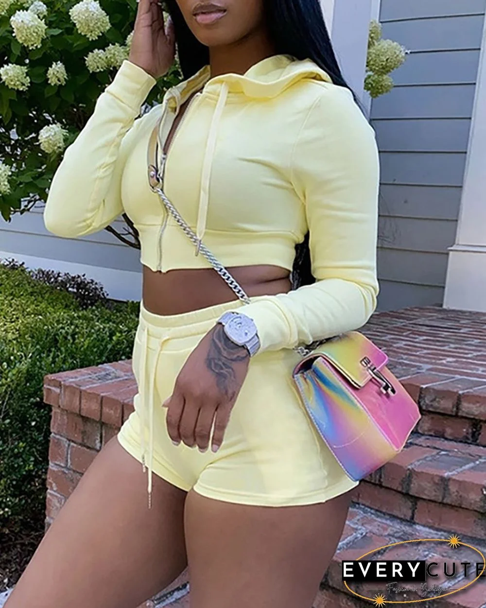 Zip Hooded Crop Top & Drawstring Shorts Set