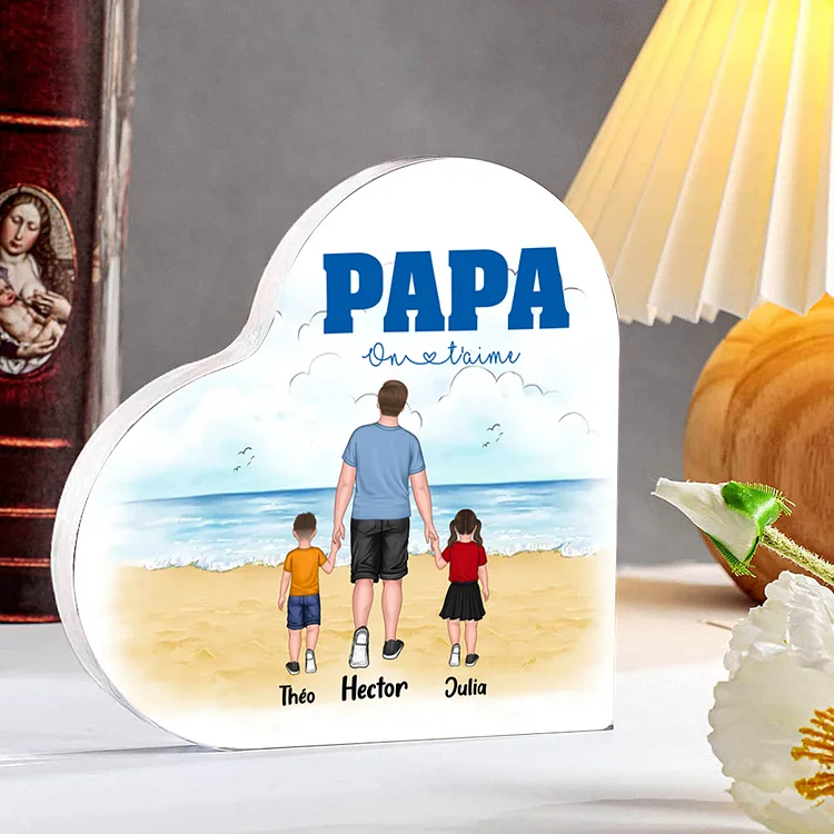 À mon Papa - Plaque Acrylique en Forme de Cœur 2-7 Prénoms Personnalisés avec Texte Père et Enfants sur la plage Jessemade FR