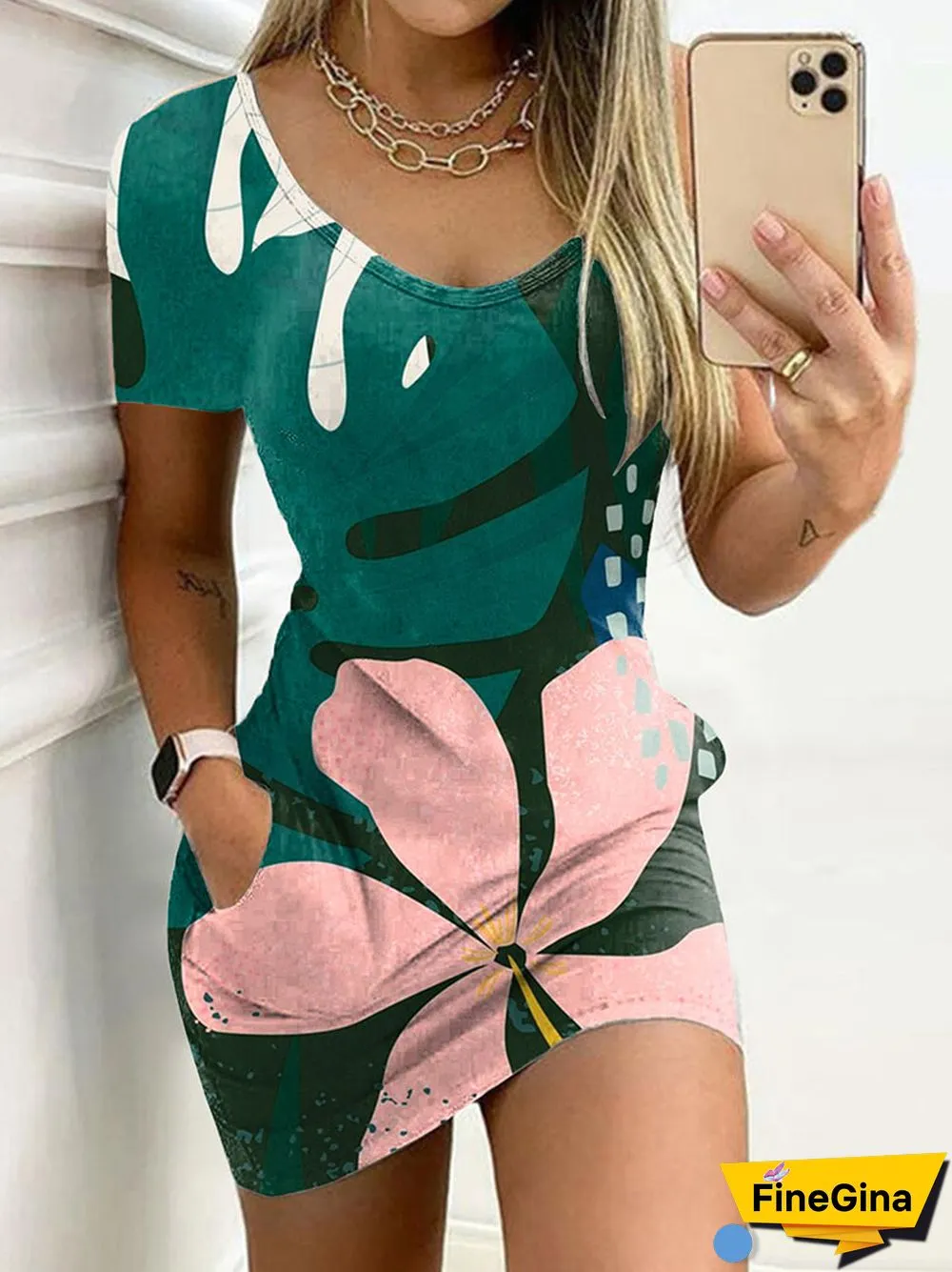 New Casual Floral Print Stitching Party Dress Sexy O Neck Slim Mini Office Dress Street Fashion Pocket Women Summer Beach Dress