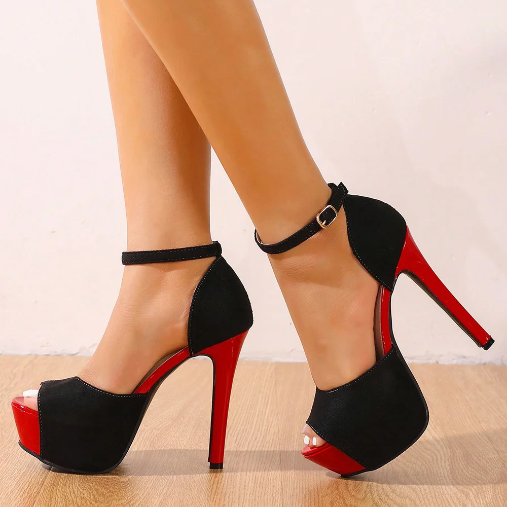 Women's Black & Red Ankle strap Heels Peep Toe Platform Sandals Nicepairs