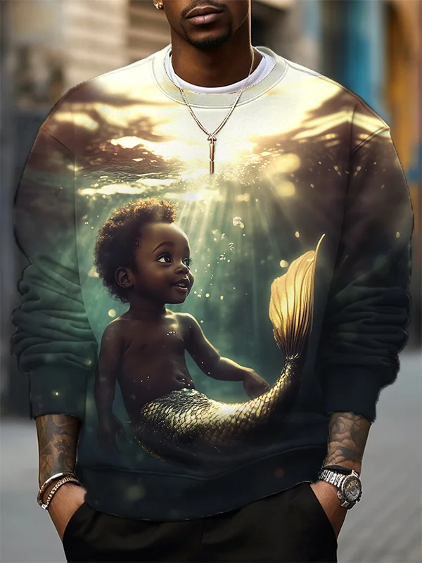 Men's Retro The Black Child Mermaid In The Sea Print Casual Sweatshirt
