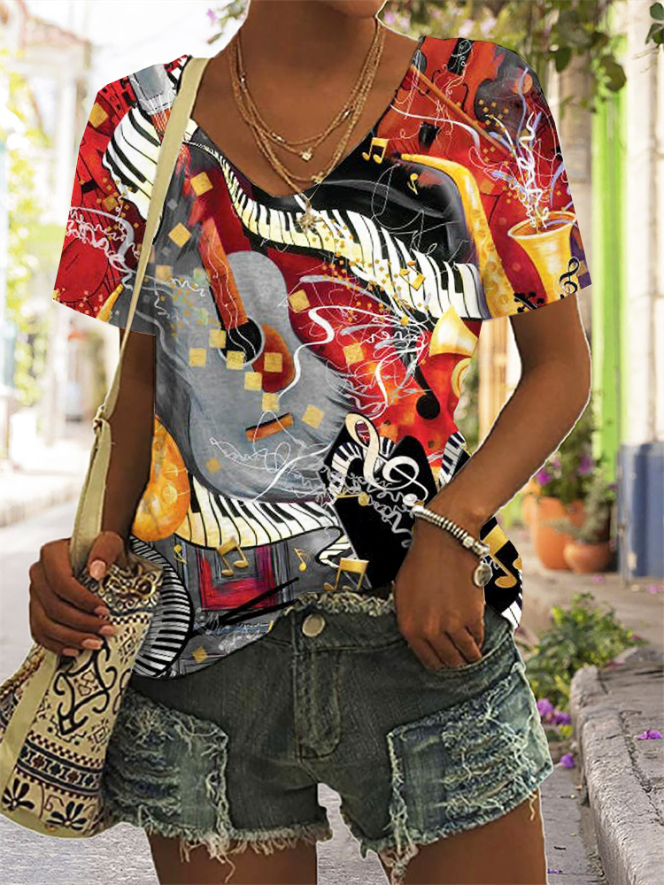 Guitar & Piano Art V Neck Comfy T Shirt wearshes