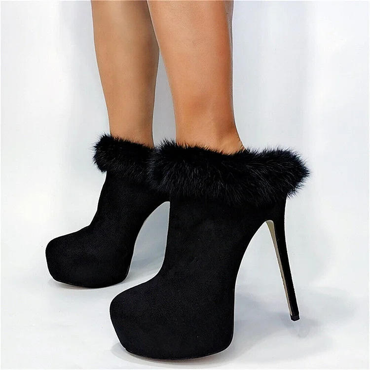 Women's Black Faux Fur Boots Round Toe Stiletto Platform Booties |FSJ Shoes