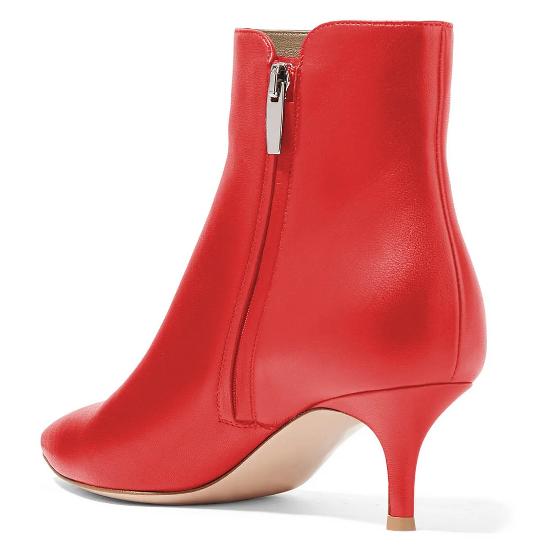 YDN Red Pointed Toe Kitten Heel Ankle Boots with Side Zipper