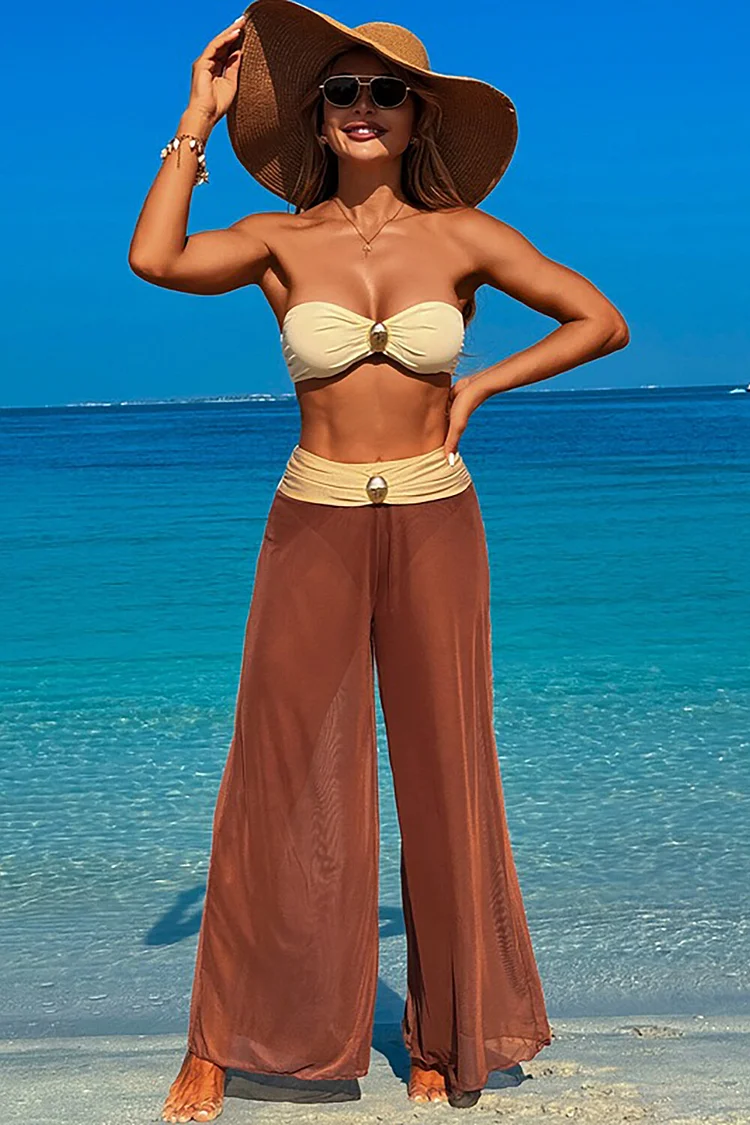 Wide Leg Pants Colorblock Strapless Bikini Swimsuit 3pcs Set-Brown