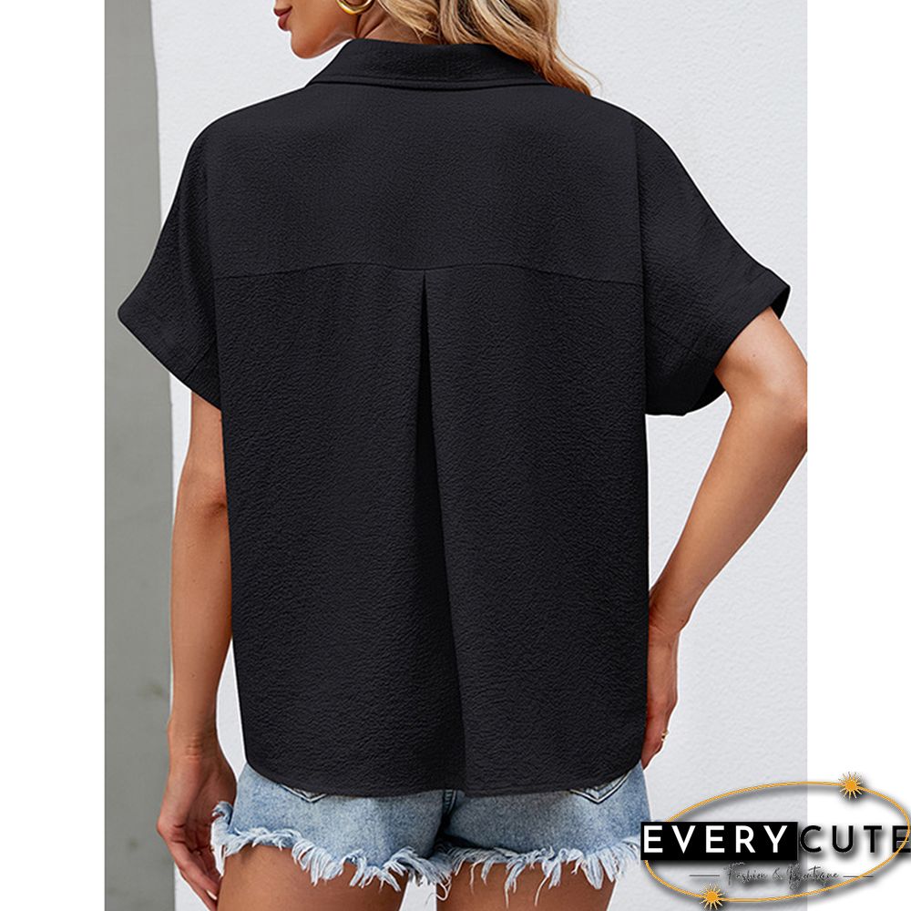 Black Button Lapel V Neck Short Sleeve Shirt