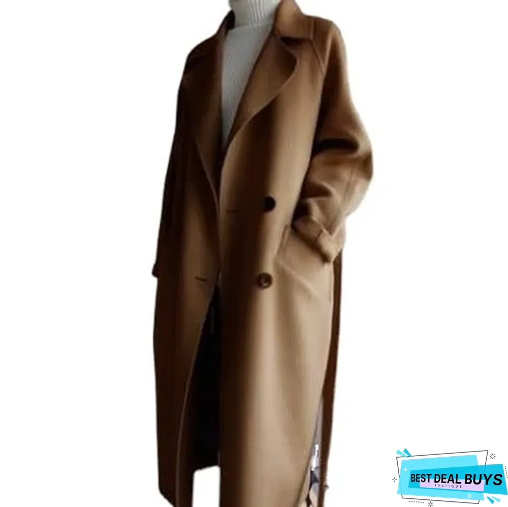 Autumn and Winter Medium Length Loose Over Knee Waist Closing Woolen Coat