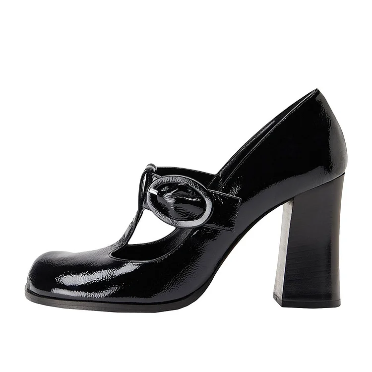 Black Patent Leather T-strap Block Heel Mary Jane Pumps with Buckle |FSJ Shoes