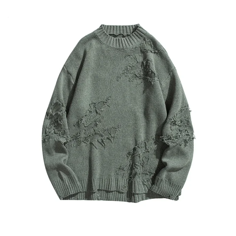 Demandernyc Autumn Winter Tattered Style High Street Knitted Sweater Men's Trendy Hong Kong Style Ripped Hole Loose Casual Hip-hop Pullover