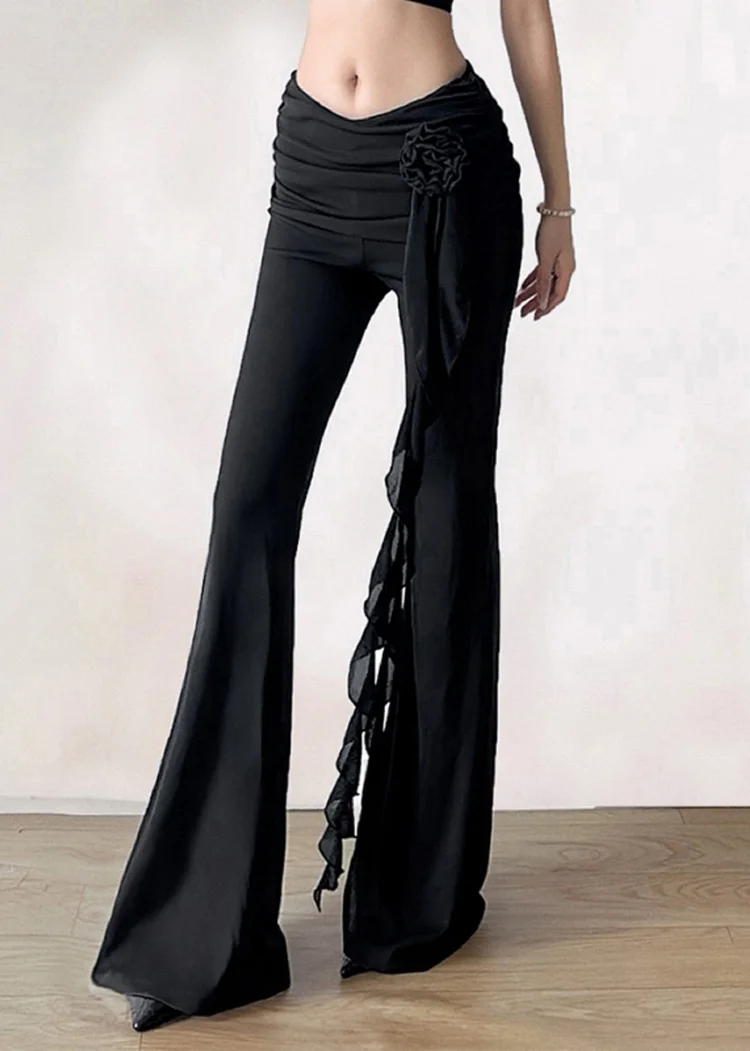 Retro Black Ruffled Patchwork High Waist Flared Pants Fall