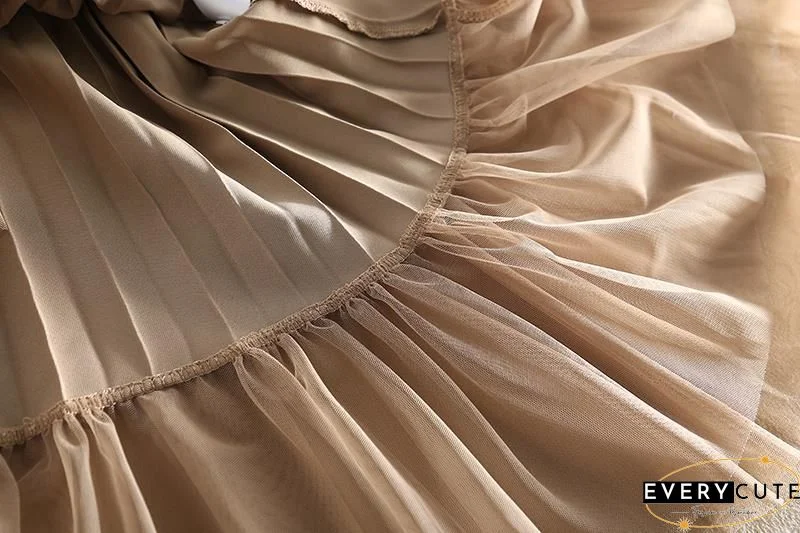 Original Design Khaki High Waist Ruffled Patchwork Tulle Pleated Skirts Spring