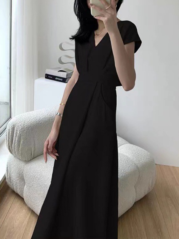 Deep-V Cap Sleeve Solid Color Side Pockets Midi Dress