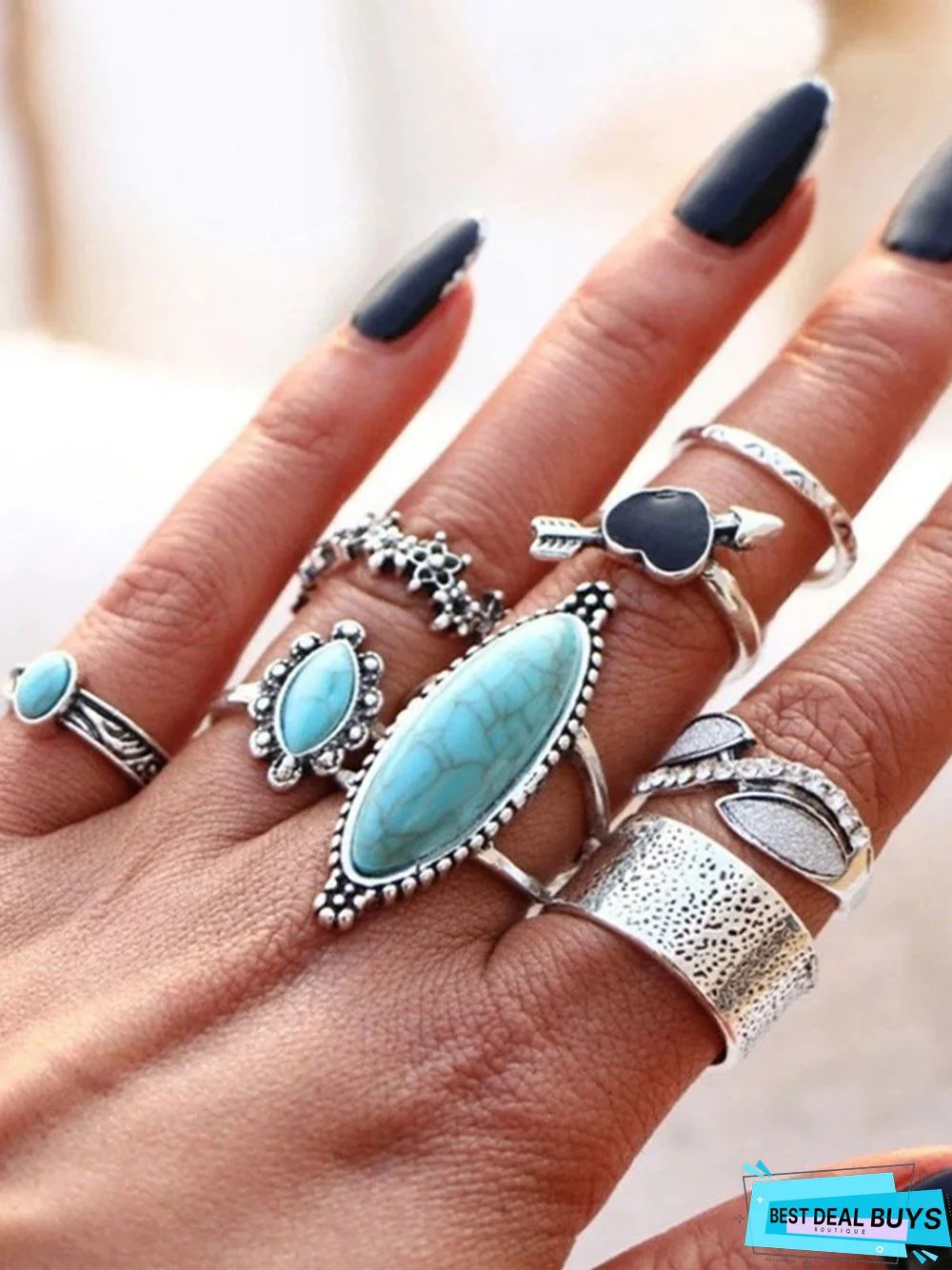 8Pcs Ethnic Style Turquoise Heart Ring Set Beach Holiday Jewelry