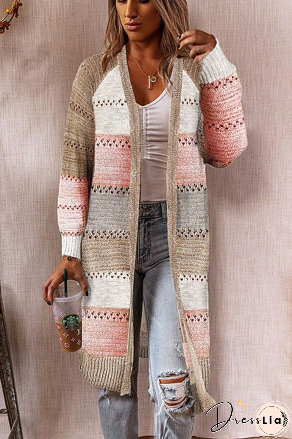 New Fashion Women Cardigan Comfy Stylish Stitching Long Sleeve Striped Patchwork Sweater Female Casual Long Cardigan Autumn Winter Tops