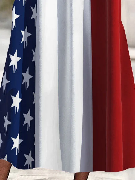 Women's Short Sleeve V-neck Independence Day Graphic Printed Lace Stitching Midi Dress