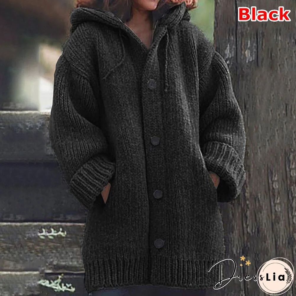 New Autumn Fashion Women Winter Coat Knit Hooded Sweater Loose Mid-length Button Up Knitted Cardigan Jackets for Women Outwear vestidos mujer casacos de inverno feminino