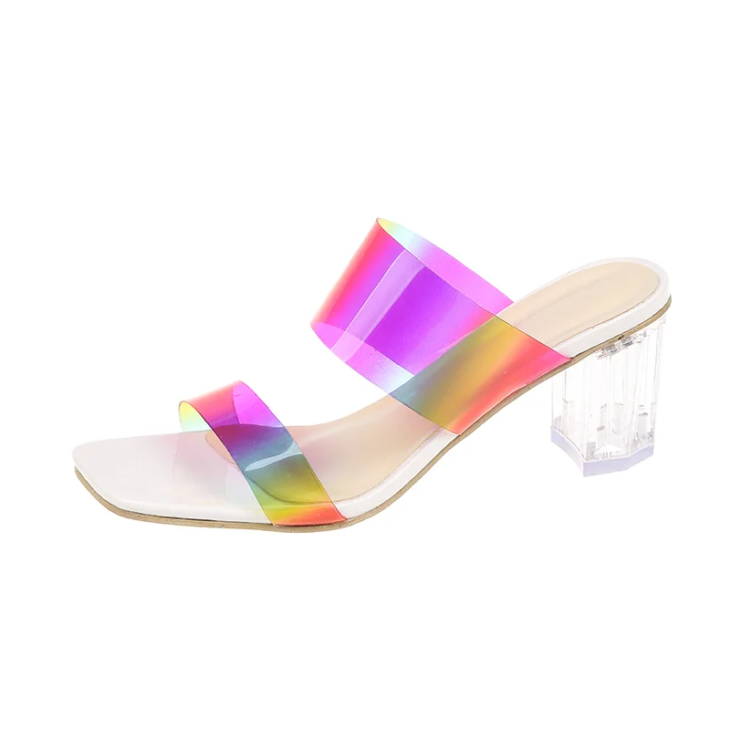 Qengg Ladies Party Dress Shoes Fashion Square Toe Open Toe Women Sandals Multicolor Pvc Outdoor High Heel Slippers 2022