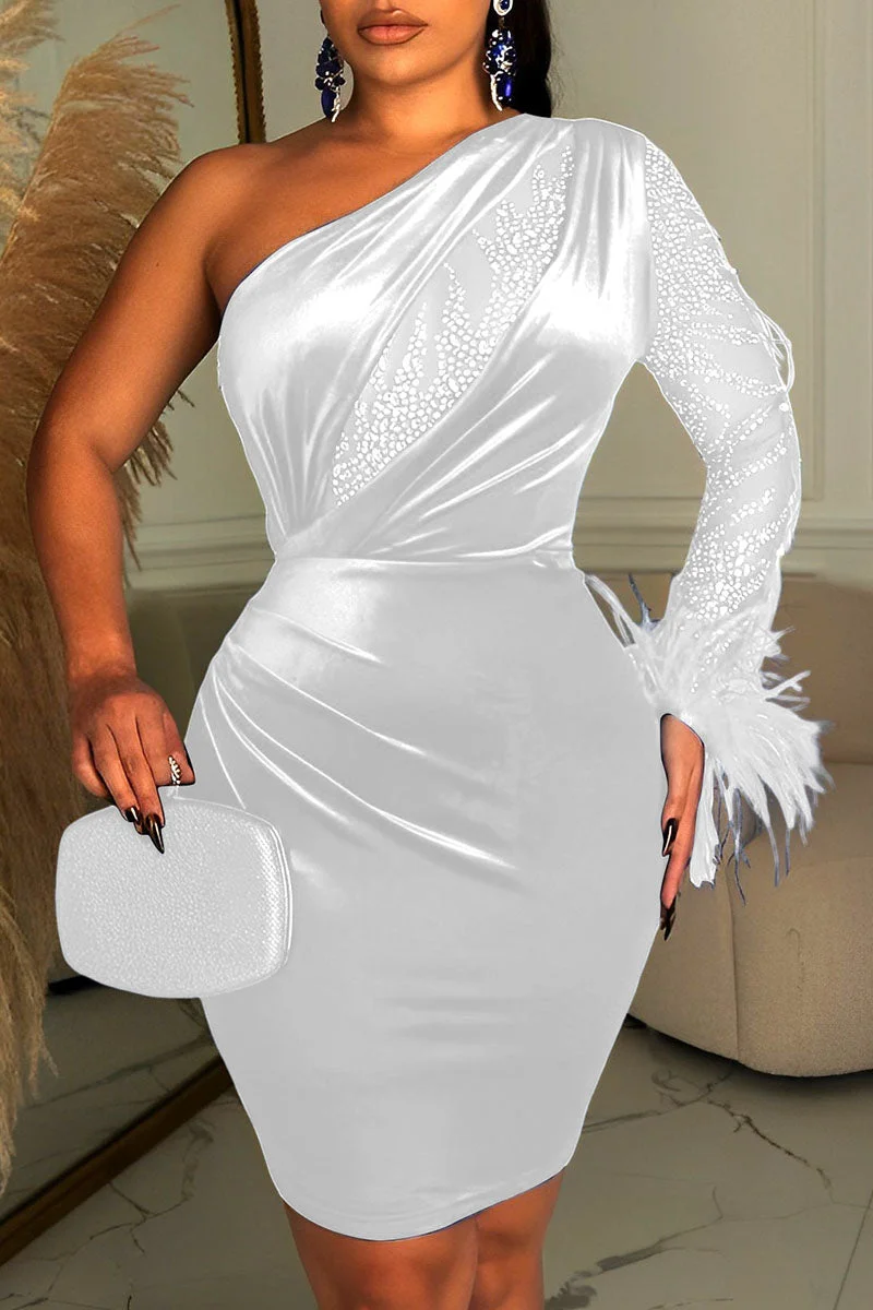Sexy Solid Patchwork Feathers Hot Drill Pencil Skirt Dresses