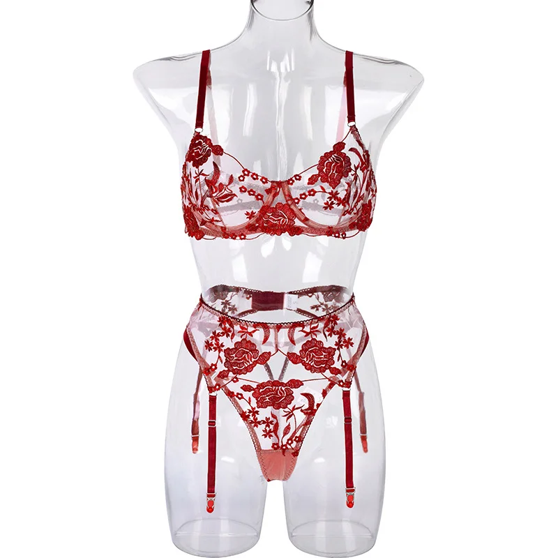 Billionm Women Sexy Lingerie Sex Sensual Bra and Panty 3 Pieces Set with Garter Belt Neon Color Lace Underwear Floral Embroidery Lingerie